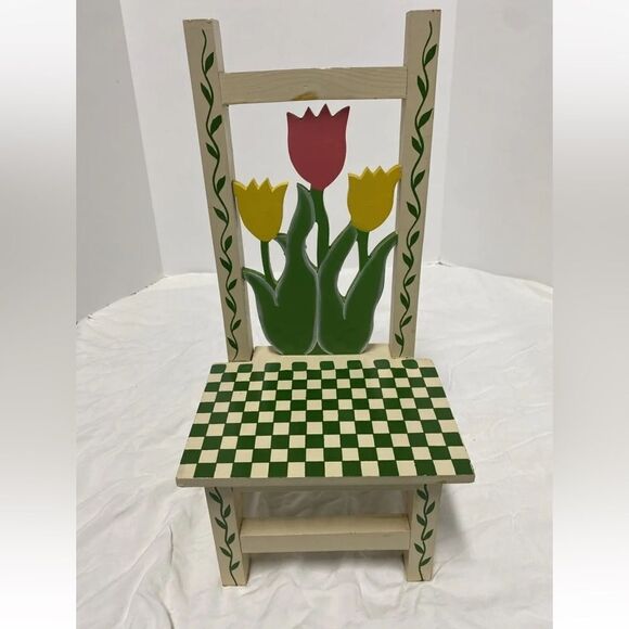 Vintage Hand Painted Wooden Doll Chair With Hand Carved Floral Cutout Design - Picture 9 of 9